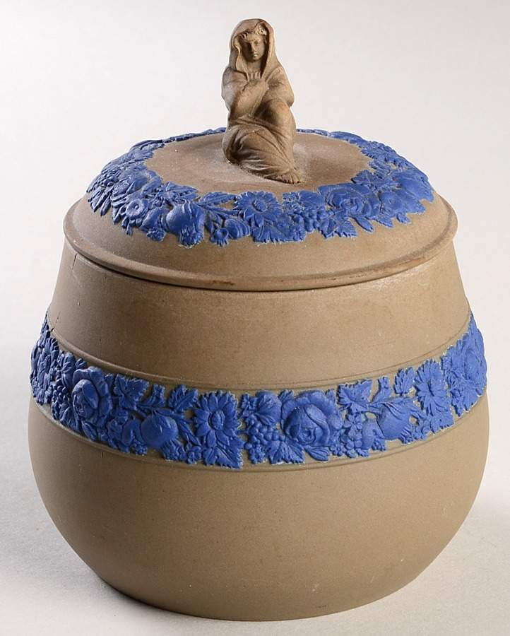 Drab Ware Blue Relief Sugar Bowl & Lid by Wedgwood-1