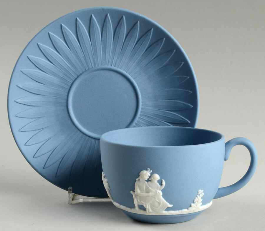 Jasper Classic White on Pale Blue Flat Cup & Saucer Set by Wedgwood-1