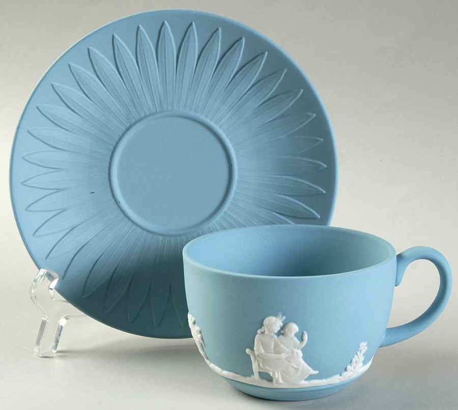 Jasper Classic White on Turquoise Flat Cup & Saucer Set by Wedgwood-1