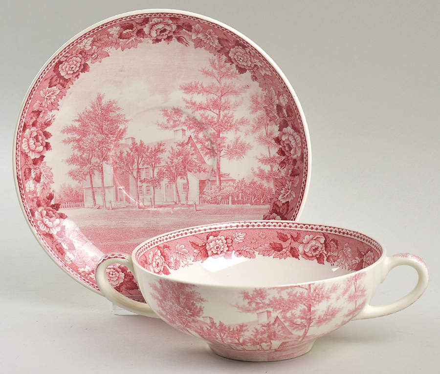 Old Avery Homestead Red Flat Cream Soup Bowl & Saucer Set by Wedgwood-1