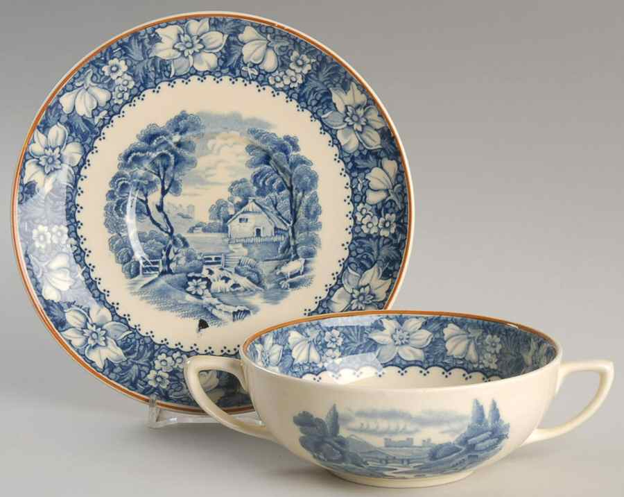 Colonial Blue (Rust Trim) Flat Cream Soup Bowl & Saucer Set by Wood & Sons-1