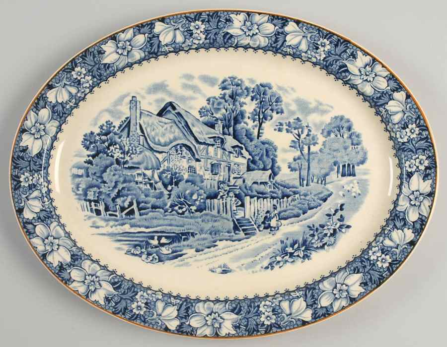 Colonial Blue (Rust Trim) 14" Oval Serving Platter by Wood & Sons-1