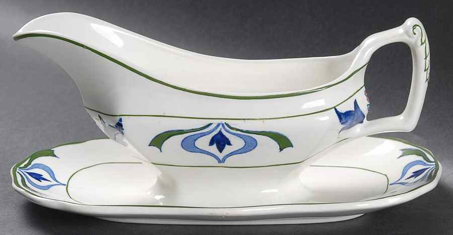 Old English (Green Trim) Gravy Boat with Attached Underplate by Wood & Sons-1