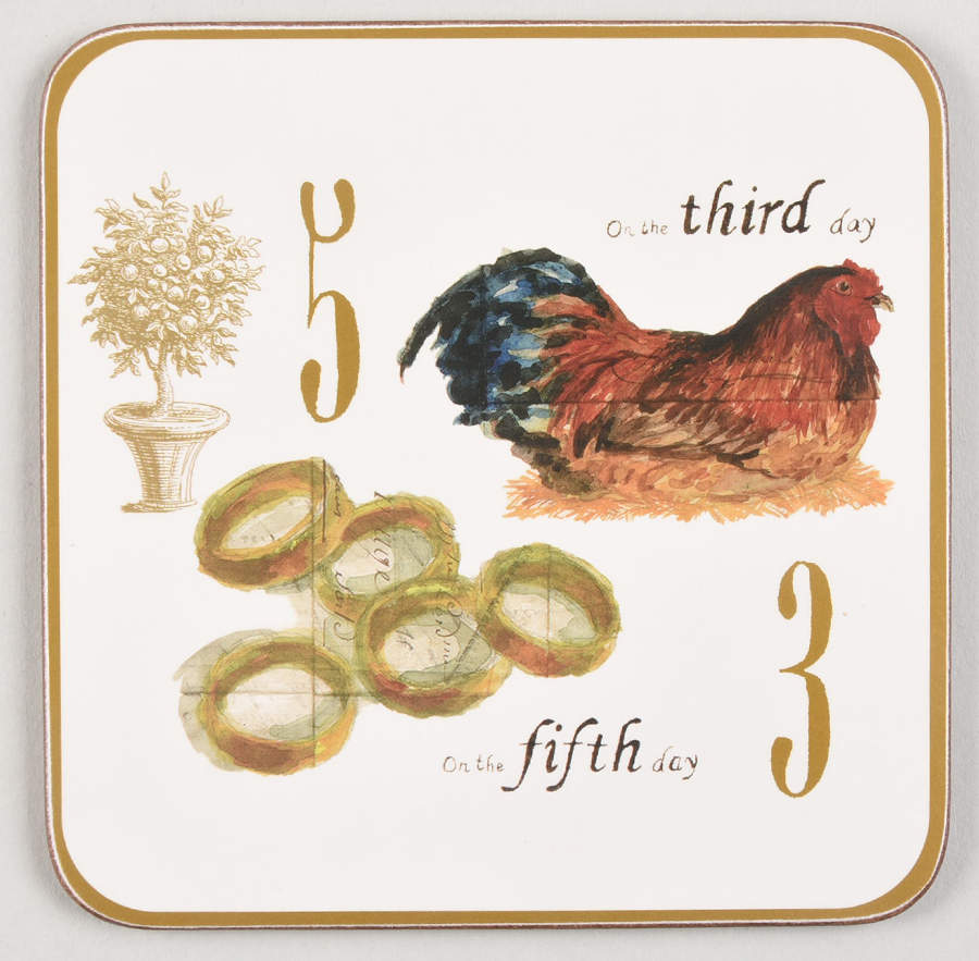 12 Days of Christmas (Gold Numbers, Coupe Shape) Square Corkback Coaster by Williams-Sonoma-1
