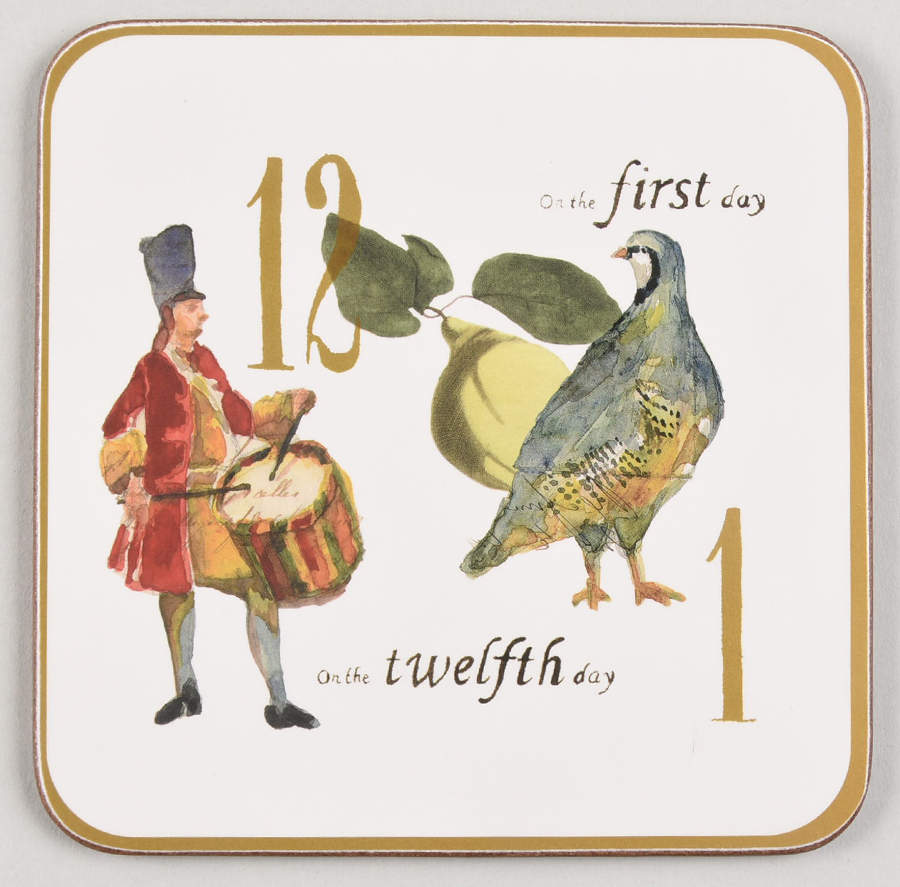 12 Days of Christmas (Gold Numbers, Coupe Shape) Square Corkback Coaster by Williams-Sonoma-1