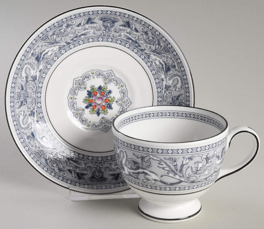 Florentine Indigo White Leigh Shape Footed Cup & Saucer Set by Wedgwood-1
