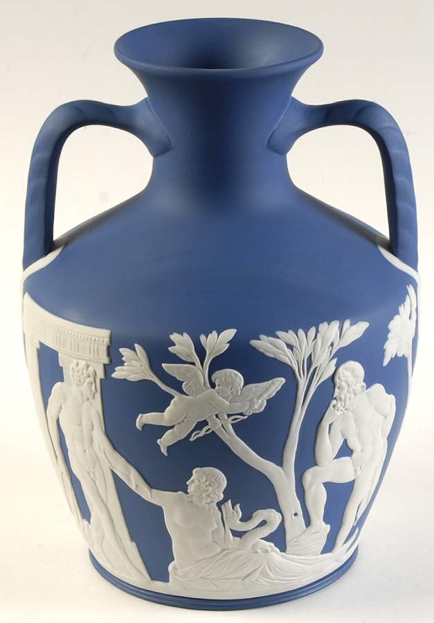 Cream Color on Saxon Blue Jasperware Two Handled Portland Vase by Wedgwood-1