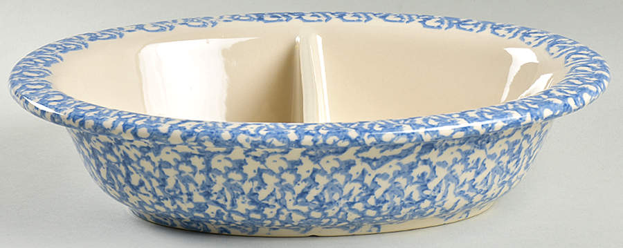 Blue Sponge 12" Oval Divided Vegetable Bowl by Workshop Gerald Henn-1