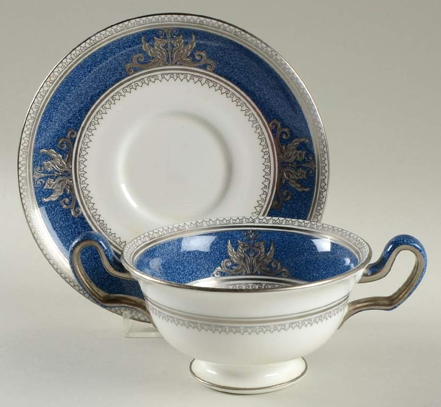 Columbia Powder Blue Rim, Center (Platinum Trim) Footed Cream Soup Bowl & Saucer Set by Wedgwood-1