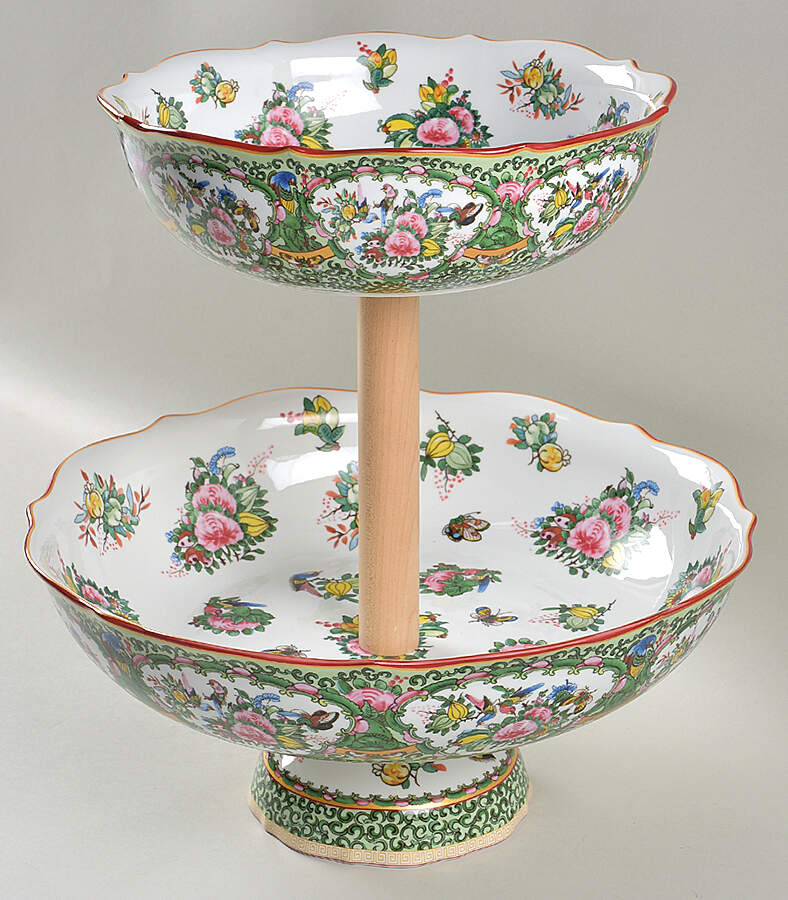 Famille Rose Tier Fruit Bowl Set-2 Bowls and Wood Handle by Williams-Sonoma-1