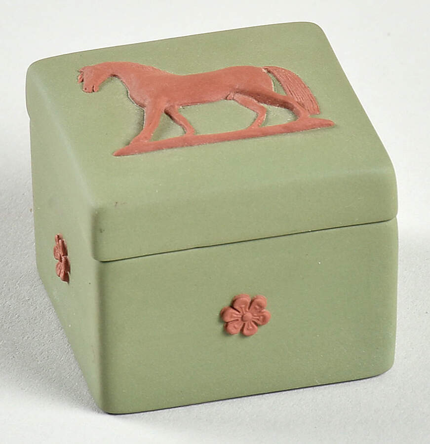 Terra cotta on Celadon Green Jasperware Square Miniature Box by Wedgwood-1