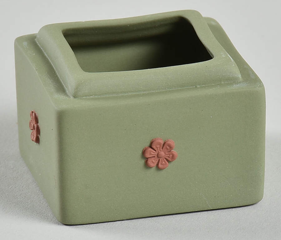 Terra cotta on Celadon Green Jasperware Miniature Square Box No Lid by Wedgwood-1