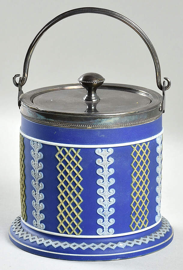 Cream Color & Cane on Wedgewood Blue Biscuit Barrel & Lid by Wedgwood-1