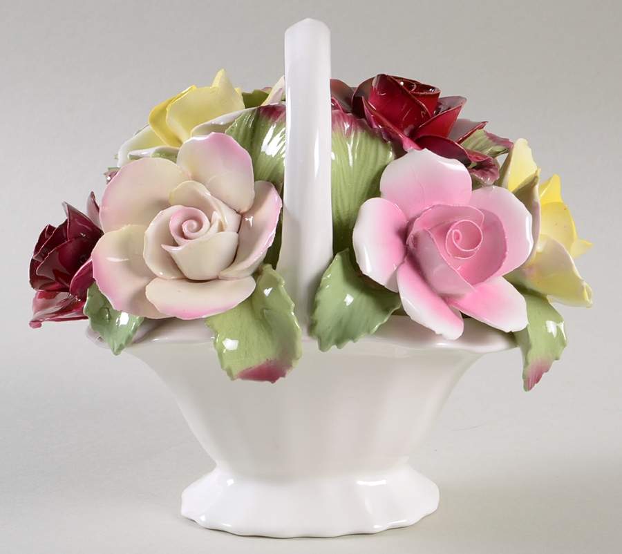 Floral Figurine Basket W/Red,Pink,Yellow Roses - No Box by John  Aynsley & Sons-1