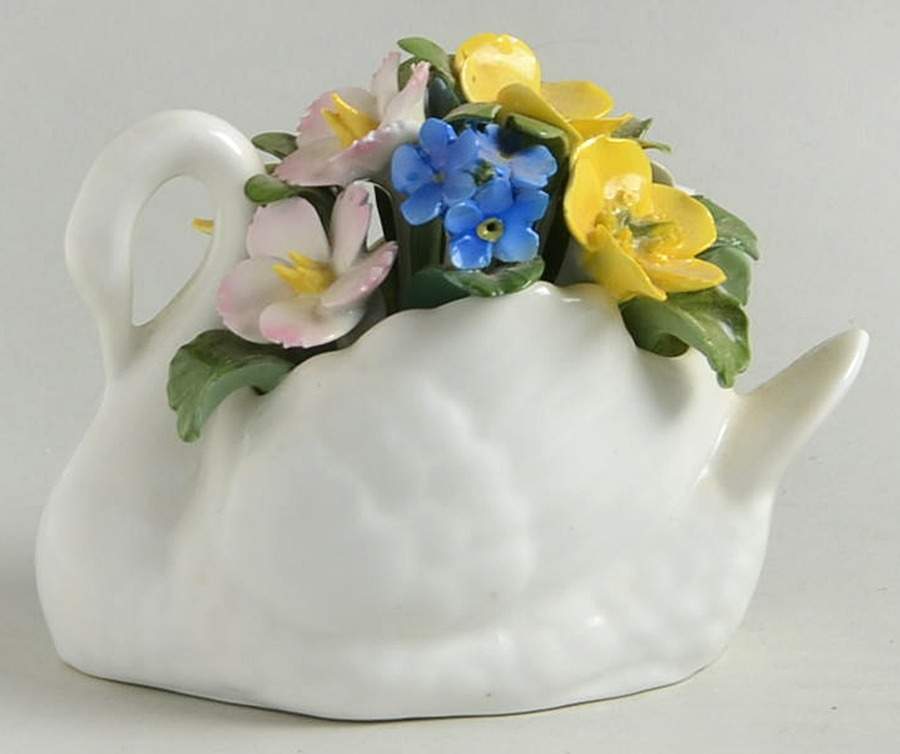 Floral Figurine Swan Flower Basket - No Box by John  Aynsley & Sons-1