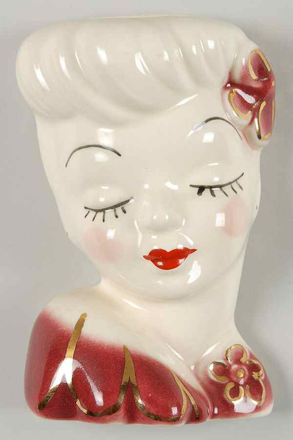 American Bisque Head Vases Lady W/ Red Flower & Dress - No Box by American Bisque-1