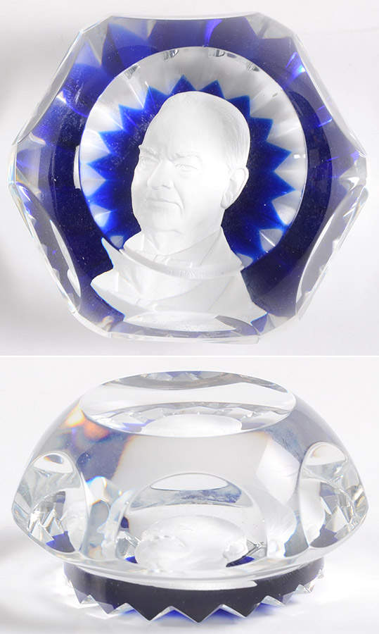 Sulphide Paperweight Herbert Hoover - Star Cut Cobalt  - Boxed by Baccarat-1