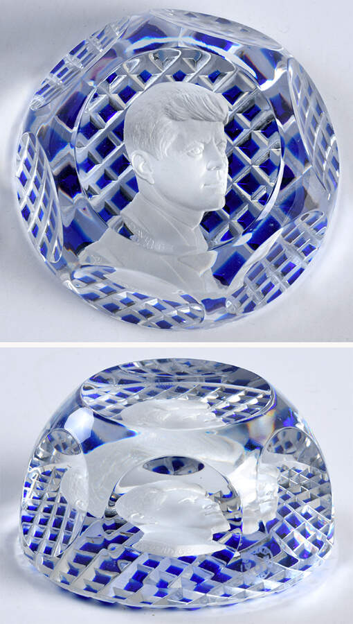 Sulphide Paperweight John F Kennedy-Blue Cut Base - Boxed by Baccarat-1