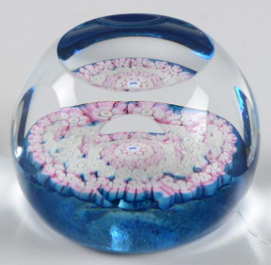 Millefiori Cane Paperweight Pink Flowers Blue - Boxed by Baccarat-1