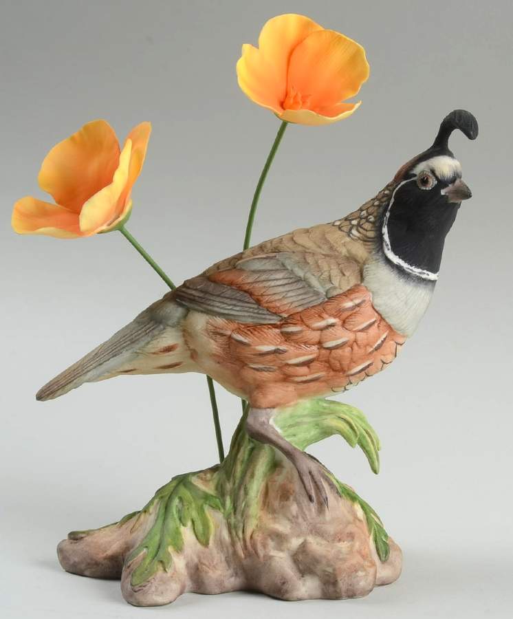 Boehm Birds California Quail With Orange Poppies - No Box by Boehm-1
