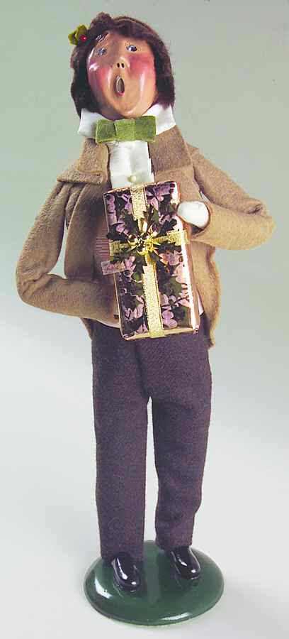Traditional Assorted Carolers Victorian Man With Gift-Brown Green - No Box by Byers' Choice Ltd-1