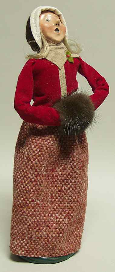 Traditional Assorted Carolers Woman With Muff-Burgundy Tan Trim - No Box by Byers' Choice Ltd-1