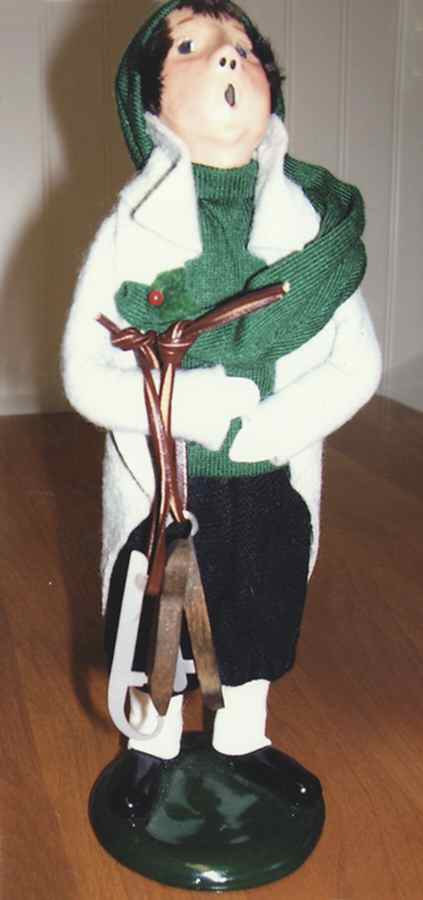 Winter Outdoor Activities Boy With Skates-Grey Coat Green Shirt - No Box by Byers' Choice Ltd-1