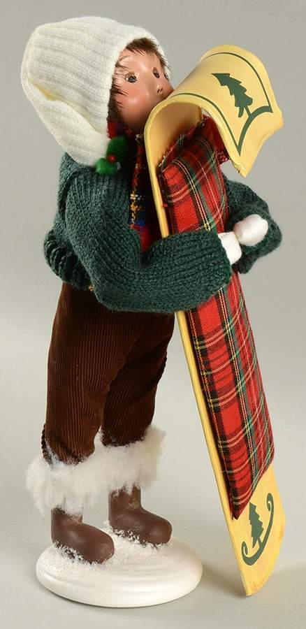 Winter Outdoor Activities Boy With Toboggan-Green Sweater - No Box by Byers' Choice Ltd-1