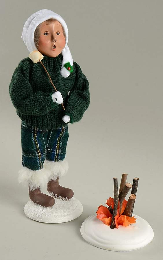 Winter Outdoor Activities Boy Roasting Marshmallow-Green - No Box by Byers' Choice Ltd-1
