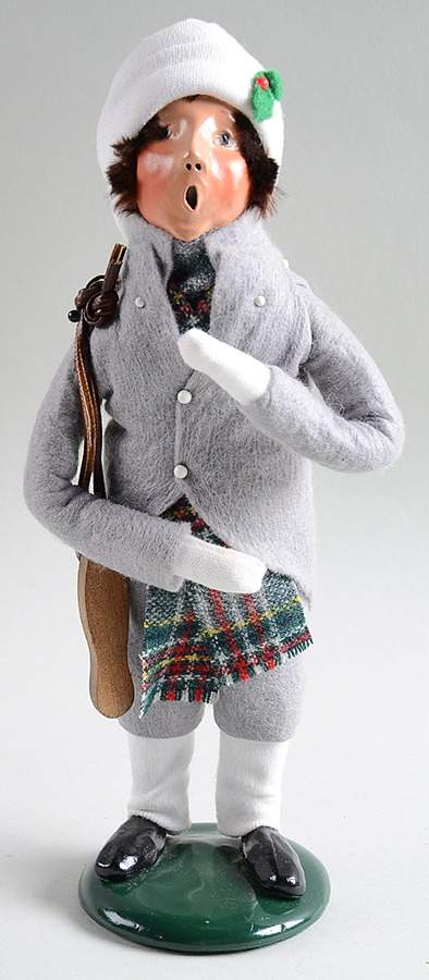 Winter Outdoor Activities Boy With Skates-Grey Coat Plaid Scarf - No Box by Byers' Choice Ltd-1
