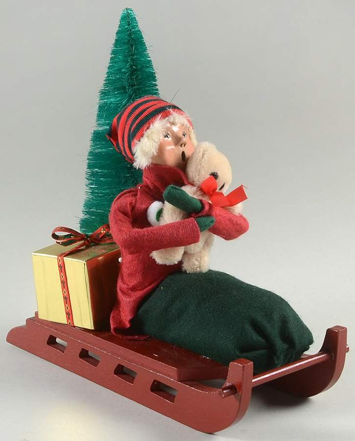 Winter Outdoor Activities Boy On Sled With Bear & Tree - No Box by Byers' Choice Ltd-1