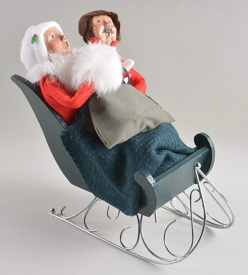 Winter Outdoor Activities Couple In Sleigh-Green Blue Blanket - No Box by Byers' Choice Ltd-1