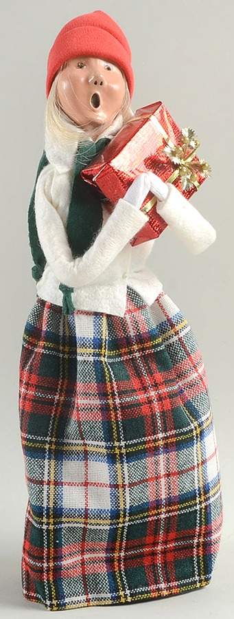 Traditional Assorted Carolers Woman Wiht Gift-White Coat/Plaid Skirt - No Box Nb1307 by Byers' Choice Ltd-1