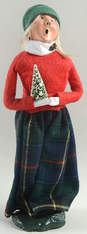 Traditional Assorted Carolers Woman With Tree-Red Coat/Plaid Skirt - No Box Nb1299 by Byers' Choice Ltd-1