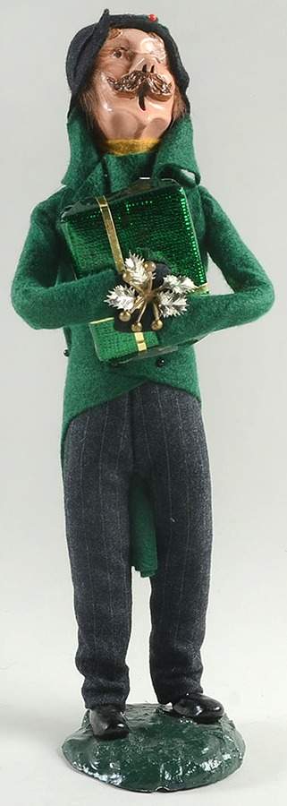Traditional Assorted Carolers Mustache Man With Gift-Green Coat - No Box by Byers' Choice Ltd-1