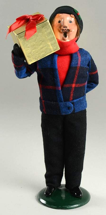 Traditional Assorted Carolers Mustache Man With Gift- Blue Plaid Coat - No Box Nb1451 by Byers' Choice Ltd-1
