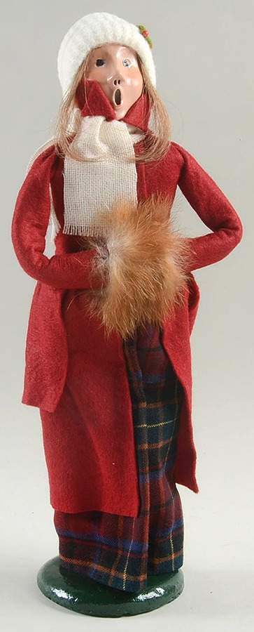 Traditional Assorted Carolers Woman With Brown Muff-Red Coat/Plaid Ski - No Box Nb1413 by Byers' Choice Ltd-1