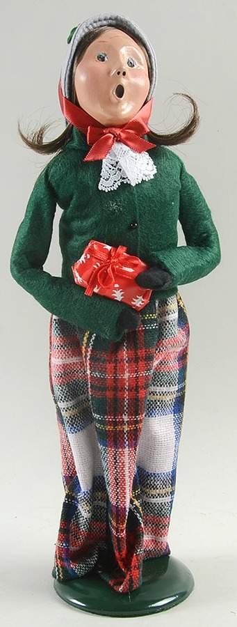 Traditional Assorted Carolers Woman With Gift-Green Coat Lace Cravat - No Box by Byers' Choice Ltd-1