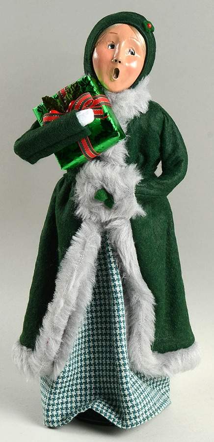 Traditional Assorted Carolers Woman With Gift-Long Green Fur Trimmed  - Nb715, No Box by Byers' Choice Ltd-1