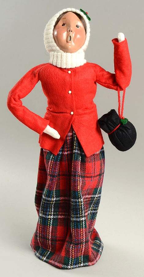 Traditional Assorted Carolers Woman With Bag Purse-Red Coat-Red Plaid - Nb700, No Box by Byers' Choice Ltd-1