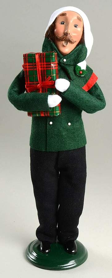 Traditional Assorted Carolers Mustache Man With Gift-Green Coat - Nb821, No Box by Byers' Choice Ltd-1