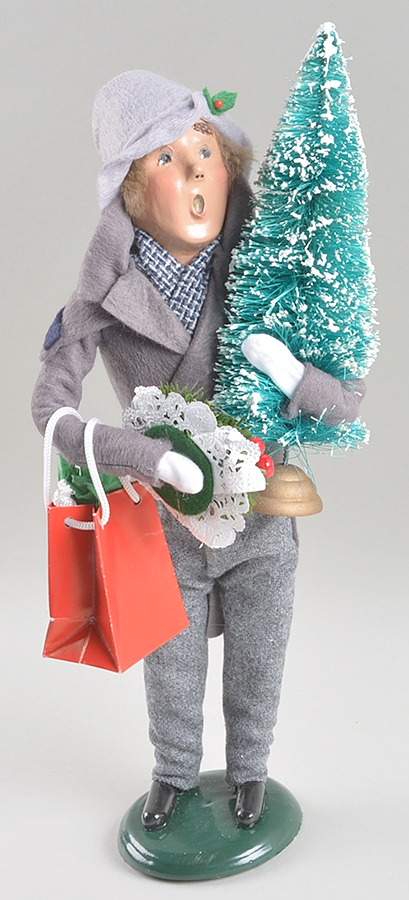 Traditional Assorted Carolers Shopper Man With Tree-Plum Pudding - Nb984, No Box by Byers' Choice Ltd-1