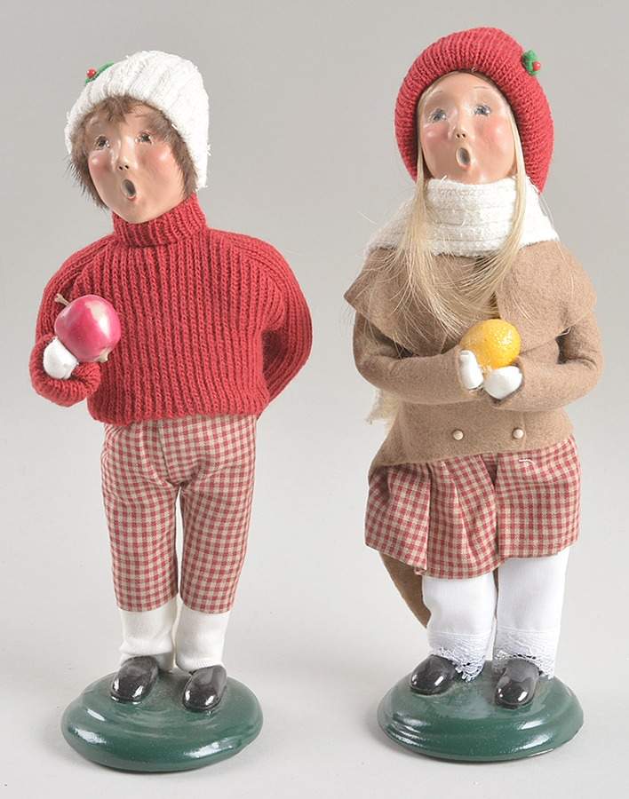 Traditional Assorted Carolers Boy And Girl With Fruit-Brown Plaid - No Box by Byers' Choice Ltd-1