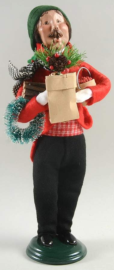 Traditional Assorted Carolers Shopper Man With Wreath-Wood-Pinecones - Without Box Nb667 by Byers' Choice Ltd-1