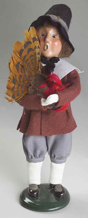 Thanksgiving & Harvest Carolers Pilgrim Boy With Turkey-Brown Coat - No Box by Byers' Choice Ltd-1