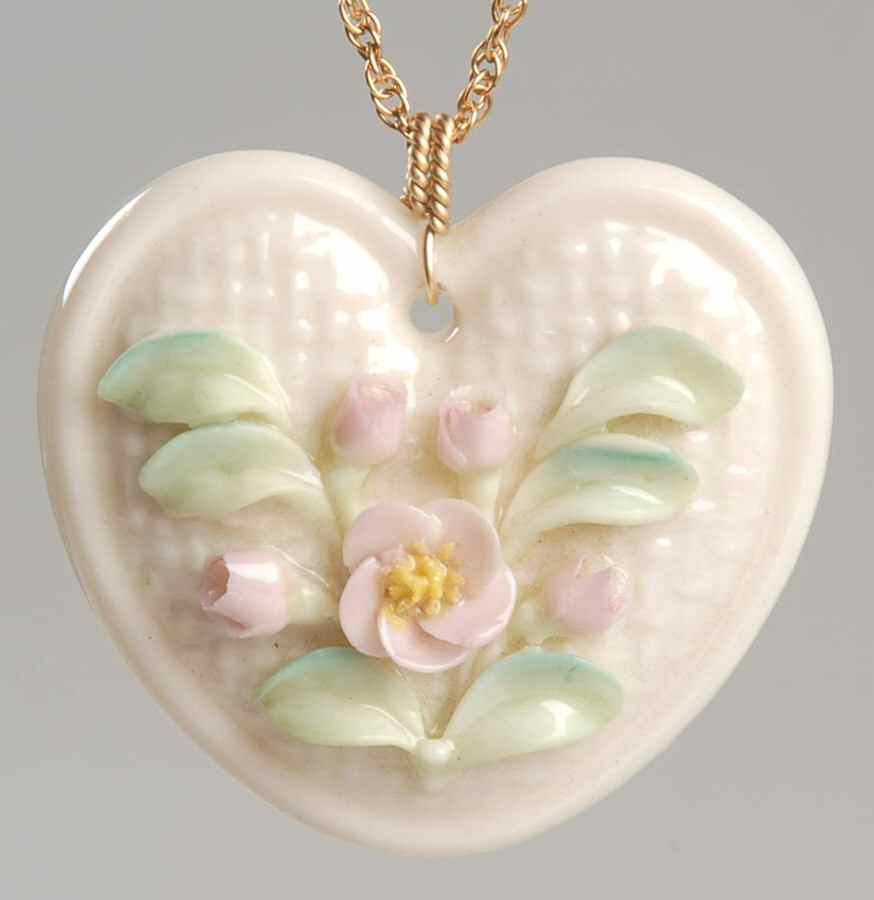 Belleek Jewelry Heart Pendant With Flowers - Boxed by Belleek Pottery (Ireland)-1
