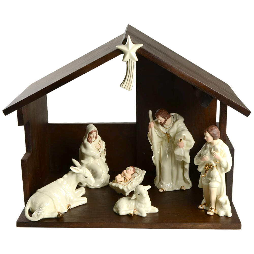 Classic Nativity 8 Pc Set With Stable - With Box by Belleek Pottery (Ireland)-1