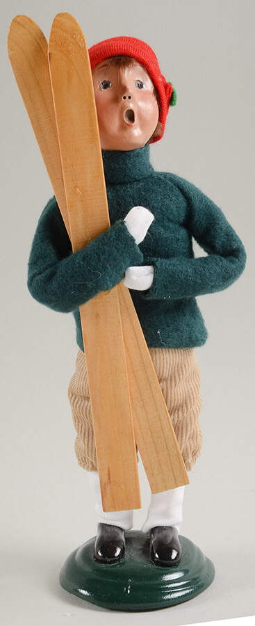 Winter Outdoor Activities Boy With Skis-Green Sweater - No Box by Byers' Choice Ltd-1