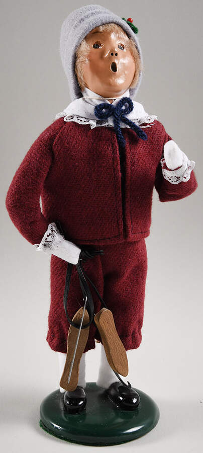 Winter Outdoor Activities Boy With Skates-Burgundy Suit - No Box by Byers' Choice Ltd-1