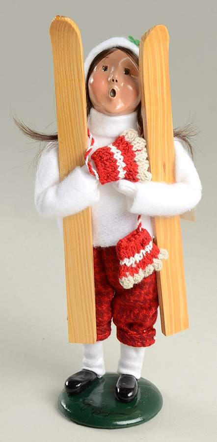 Winter Outdoor Activities Girl With Skis And Mittens-White Sweater - No Box by Byers' Choice Ltd-1